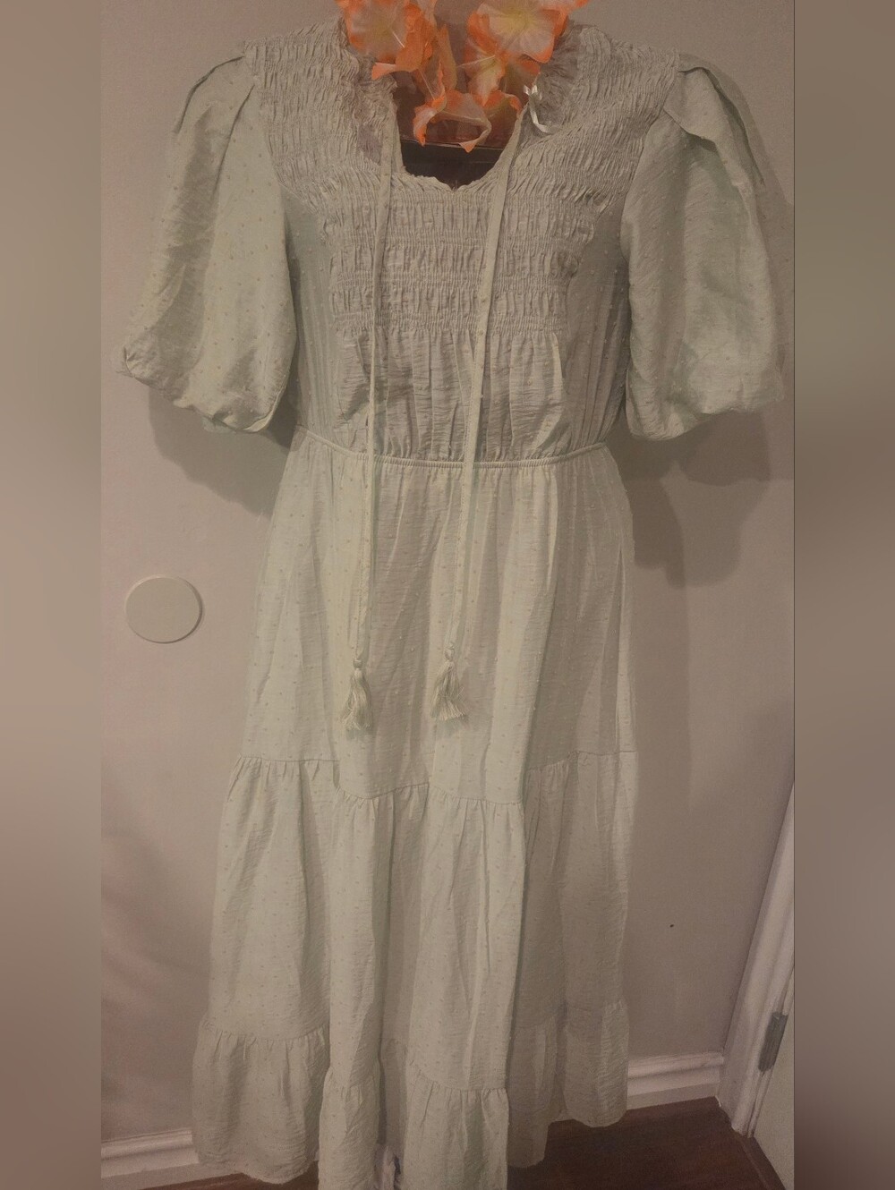 Moon River Light Green Smocked Maxi Dress with Puff Sleeves